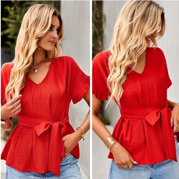 Tops - Tie Waist Flounce Sleeve Smocked Top